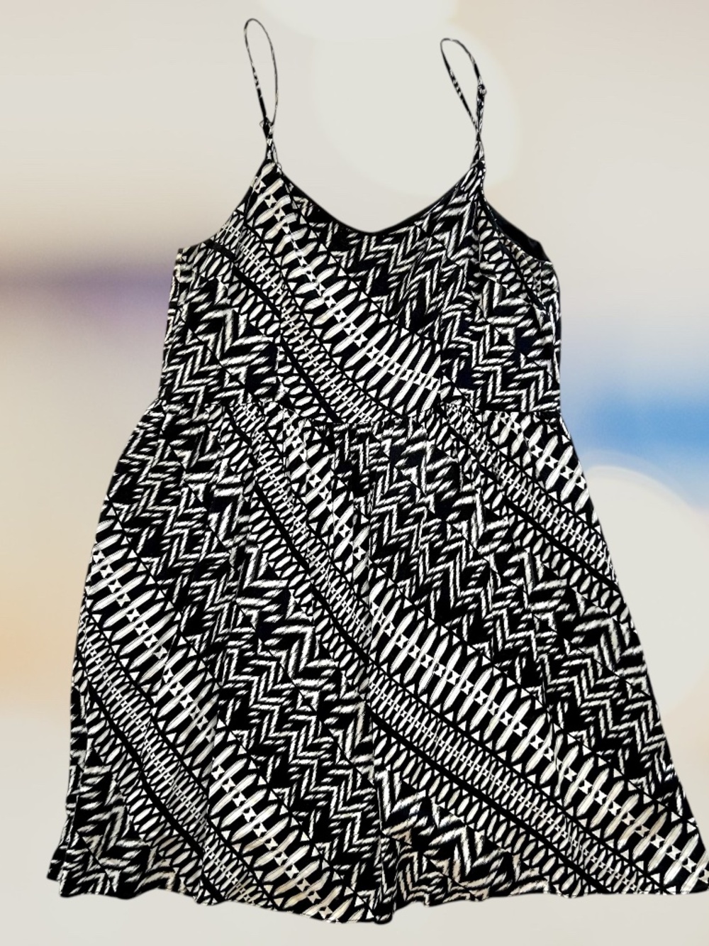 AQUA Sz Large Black & White Tribal Print Fully Lined A-Line Dress